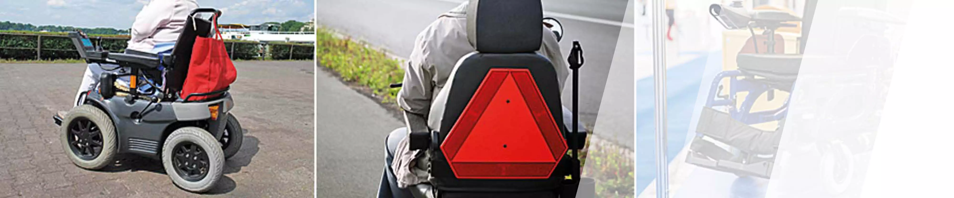 Drei Bilder eines E-Rollstuhls